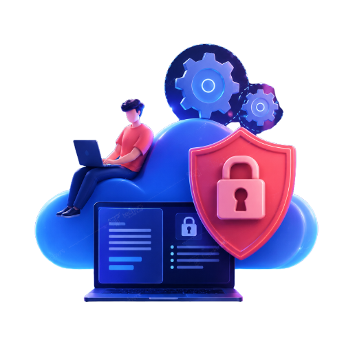 3D security engineer on cloud with shield